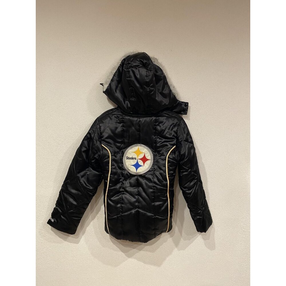 Pittsburgh Steelers Jacket Girls 14 Black NFL Football Reebok Hooded Puffer